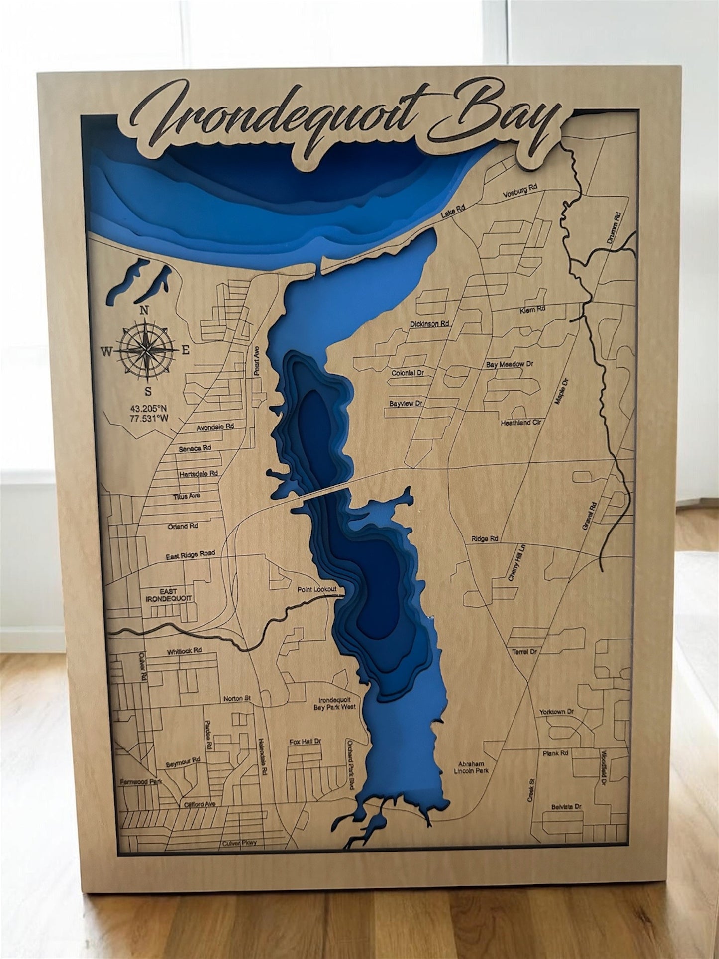Irondequoit Bay (New York) Layered Wooden Map – Hand-Painted 7-Layer Depth Map