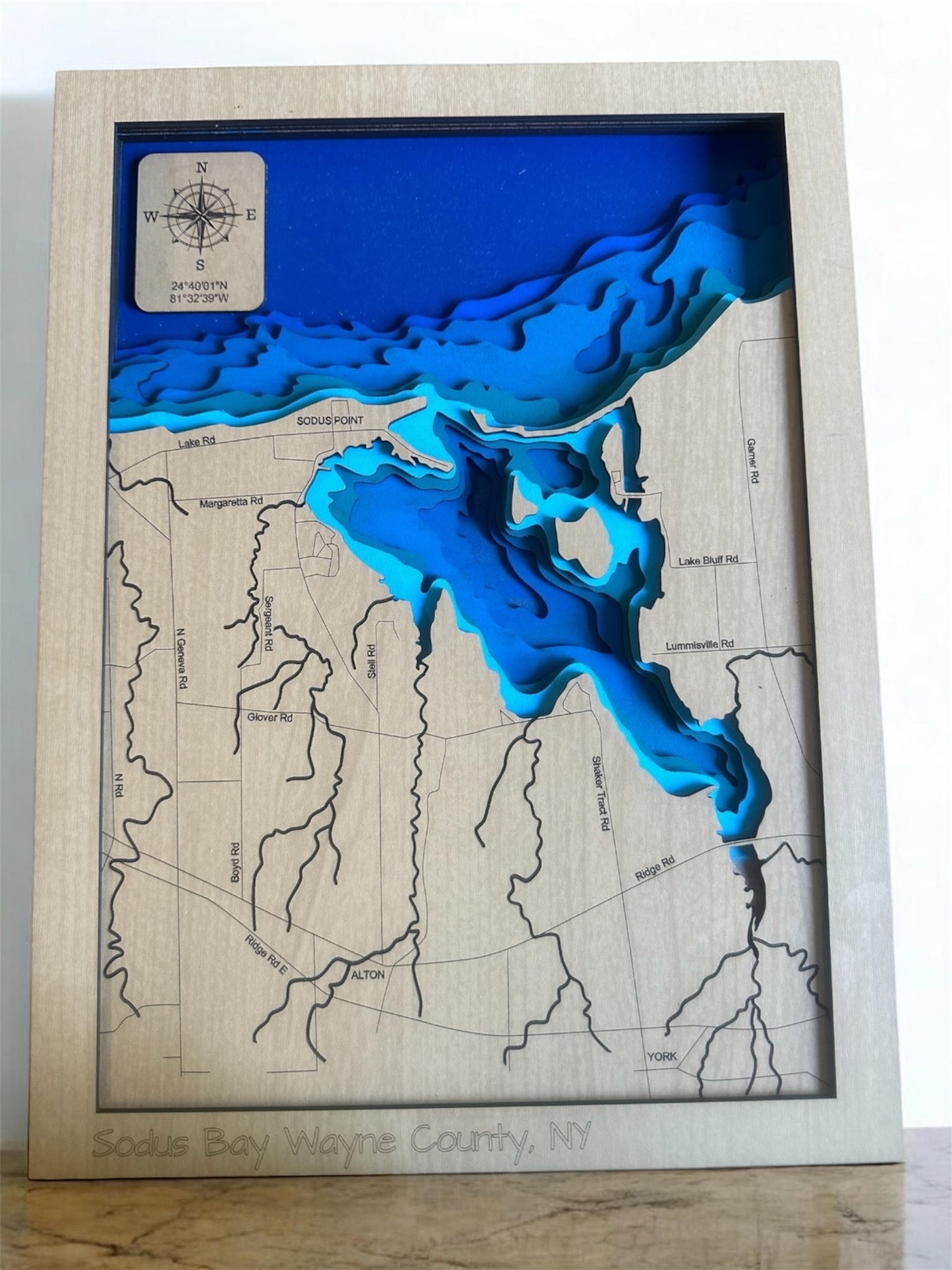 Sodus Bay (New York) Layered Wooden Map – Hand-Painted 7-Layer Depth Map